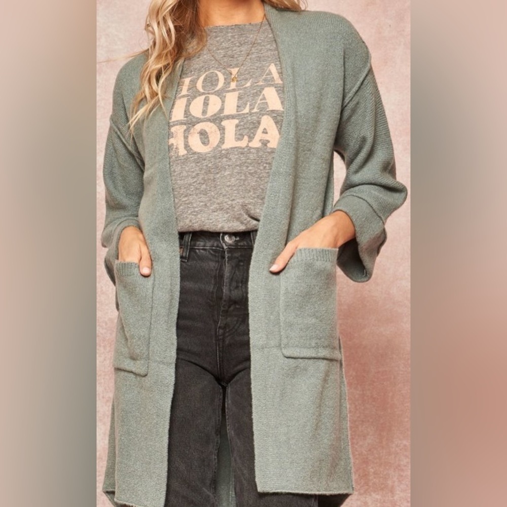 PROMESA Open Knit Cardigan Sweater Reverse Hem Sage Green Pockets Woman’s S